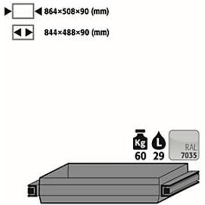 Standaard uittrekbaar plateau voor asecos veiligheidskasten van de series Q30, Q90 en S90, plaatstaal, lichtgrijs, B 864 x D 508 x H 90 mm, 29 l, tot 60 kg