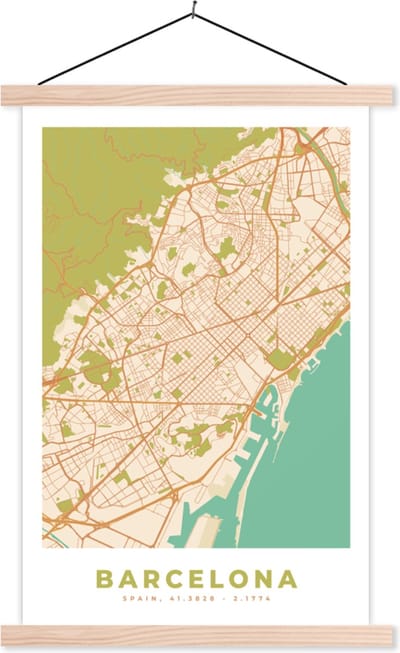 Posterhanger incl. Poster 40x60 cm - Schoolplaat - Kaart - Barcelona - Stadskaart - Vintage - Plattegrond - Textielposter - Blanke latten - Stadskaart