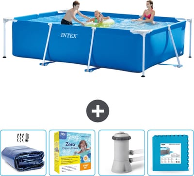Intex Rechthoekig Frame Zwembad - 300 x 200 x 75 cm - Blauw - Inclusief Solarzeil - Onderhoudspakket - Zwembadfilterpomp - Vloertegels