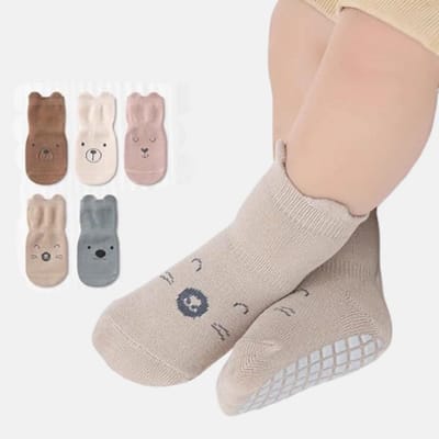 5 paar antislip peutersokken, warme sokken, siliconenzool, dierenprint, geschikt voor baby's die leren lopen en kruipen, maat S (0-1 jaar, voetlengte 8-10 cm).