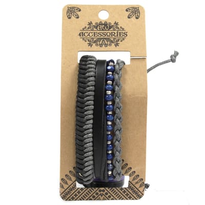 Heren Armband Set – Black & Macho - Imitatieleer - Metaal - Kralen - Zwart - Grijs