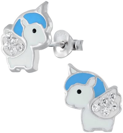 Joy|S - Zilveren baby eenhoorn oorbellen 8 x 10 mm blauw kristal wit