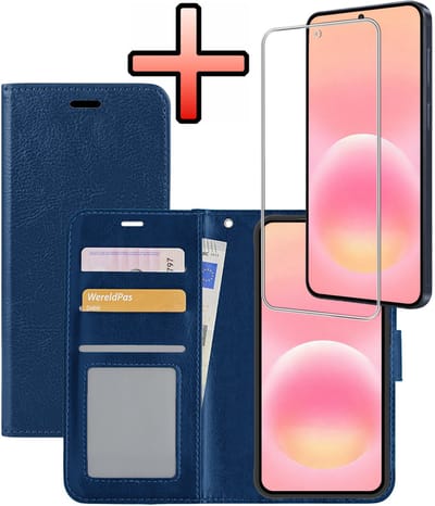 Hoesje - Met Screenprotector - Geschikt voor Samsung Galaxy A57 - Luxe Pasjeshouder - Bookcase Portemonee - Flip Case - Kunstleer Book Case - Flipcase - Book Cover - Walletcase - Portemonneehoes - Donkerblauw
