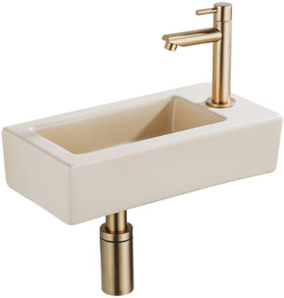QeramiQ Fuente Fonteinset - 37.5x18.5x9cm - keramiek - kraangat rechts - fonteinkraan geborsteld messing - afvoerplug - verlaagd sifon - Mat Beige
