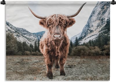 Wandkleed - Wanddoek - Schotse Hooglander - Berg - Dieren - 90x67.5 cm - Wandtapijt