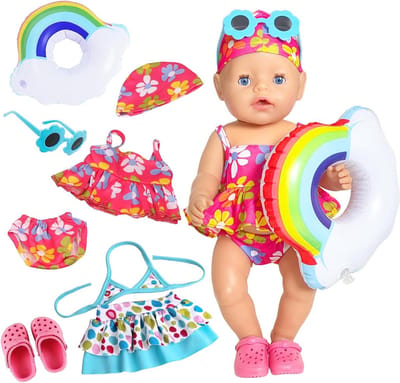 Poppenkleding Badpak Set - Poppenkleding Set - Poppen Aankleden - 3-delig Rood & 2-delig Blauw - 16-18 inch