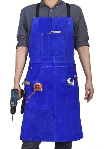 Hittebestendig leren lasschort met 6 vakken | Vlamvertragend werkschort voor heren | Verstelbaar M tot XXXL, geschikt voor smid, monteur en werkplaats-Blauw