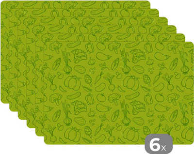 Placemat - Placemats kunststof - Groente - Vegan - Groen - Design - 45x30 cm - 6 stuks - Hittebestendig - Anti-Slip - Onderlegger - Afneembaar