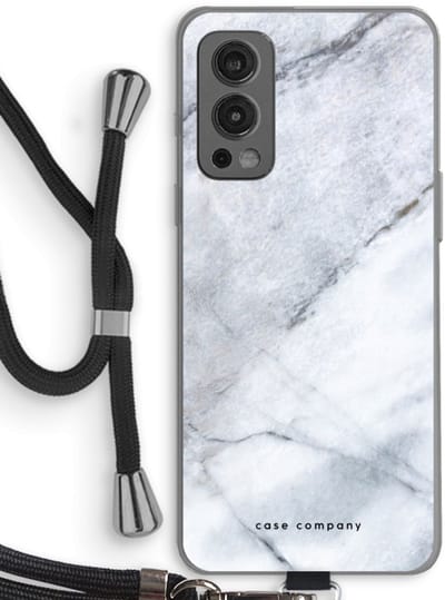 Case Company® - Hoesje met koord geschikt voor OnePlus Nord 2 5G hoesje met Koord - Witte marmer - Telefoonhoesje met Zwart Koord - Bescherming aan alle Kanten en Over de Schermrand