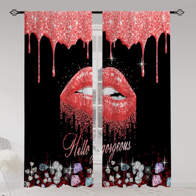 2 stuks Gordijnen Voor Schoonheidssalons Eenvoudige Rode Lippen Make-up Kwast Oogjes Top Stoffen Gordijnen Decor Voor Woonkamer Kantoor Huis Deco 2x50Wx50H(CM)&Grommet Top red