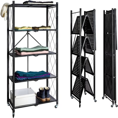 Eleganca Inklapbaar Opbergrek - 72 x 36 x 162 cm - Zwenkwielen - Opbergkast - Stellingkast - 5 Laags - Inklapbare plank kast - Wandkast - Draagvermogen 180 kg - Zwart