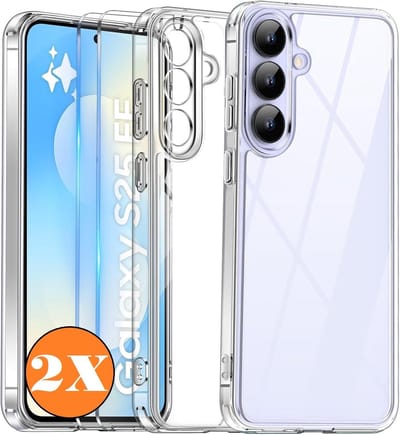 Hoesje Geschikt voor Samsung Galaxy S25 FE - transparant Anti Shock silicone hoesje met 2 Pack Screenprotector tempered glass