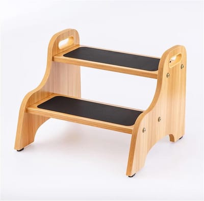 Houten kruk met 2 treden voor kinderen met antislip oppervlak en draagbare handgrepen