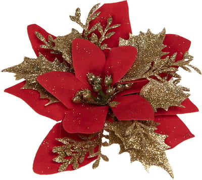 Clayre & Eef Kunstplant Kerstster Ø 14x5 cm Rood Goudkleurig Kunststof