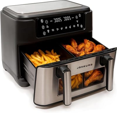Luchtfriteuse Dubbele Tank - Heteluchtfriteuse Airfryer - Gezinsmaaltijden Bereiden - Onafhankelijke Mand Bediening - 9 Liter Capaciteit - Zwart en Zilver