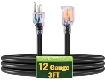 Verlichte Buitenaardse Verlengkabel 3 ft - Zware Kwaliteit 12/3 SJTW Zwarte Verlengkabel met 3-Pins Aardingsstekker - 15 Amp Vermogen voor Tuin, Apparaten