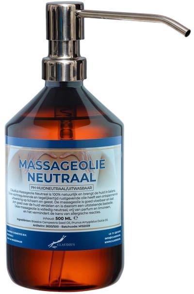 Massageolie Neutraal 500 ml met zilveren pomp - 100% natuurlijk - biologisch en koud geperst