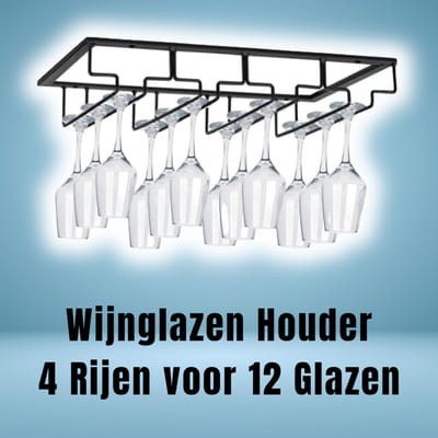 Allernieuwste.nl® Wijnglazenhouder Glazenrek Wijnglazenrek Wijnglazen Ophangrek Glazen Glasophangrek - Support à verres à vin - Zwart 4 Rijen 12 glazen