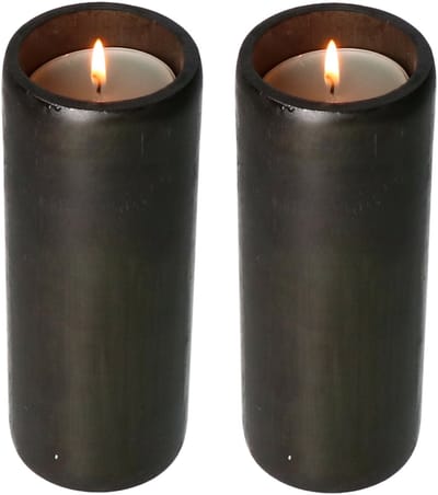 Lesli Living Kaarsenhouders/waxinelichtjes houders - 2x - bamboe - zwart - H20 cm - theelicht houder