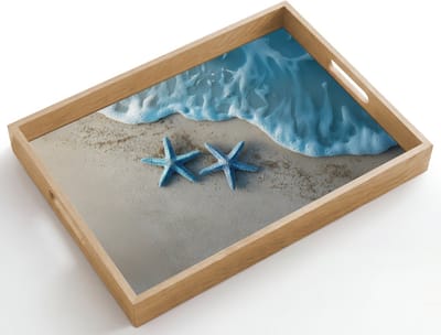Dienblad hout 50x35 cm - Schootdienblad - Zeesterren - Zand - Zee - Blauw - Borrelplank rechthoek - Plateau dienbladen