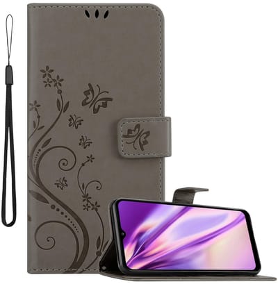 Cadorabo Hoesje geschikt voor Samsung Galaxy A12 / M12 in BLOEMEN GRIJS - Beschermhoes in bloemmotief met magnetische sluiting, standfunctie en kaartsleuven Book Case Cover Etui