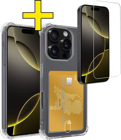 Hoesje - Geschikt voor Apple iPhone 16 Pro - Met Screenprotector - En Pashouder - En Kaarthouder - Telefoon Hoes Shockproof - Siliconen Case - Back Cover - Shock Proof - Pasjes Houder - Telefoonhoesjes - Transparant