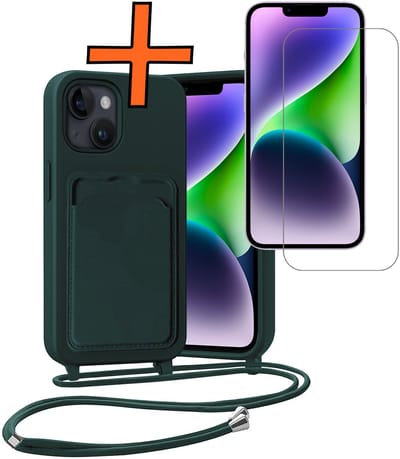 Hoesje Geschikt voor iPhone 13 Hoesje Met Telefoonketting Pasjeshouder Case Met Screenprotector Koord - Hoesje Geschikt voor iPhone 13 Hoes Met Kaarthouder - Donkergroen