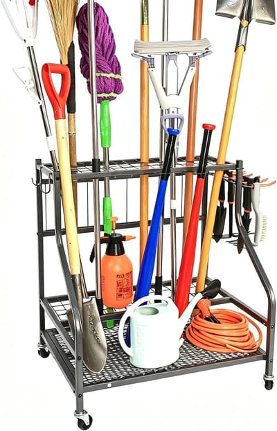 Tuingereedschap Organizer - Zwart - 71,4 x 55,1 x 72,4 cm - 3-laags Metalen Opbergrek met Haken en Wielen - Voor Tuin en Garage