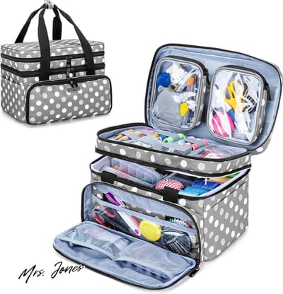Mrs. Jones Dubbellaagse naaiset organizer tas - ruimte en vakken - haaknaalden naaigaren naaigereedschap - grijze stippen (zonder accessoires) .