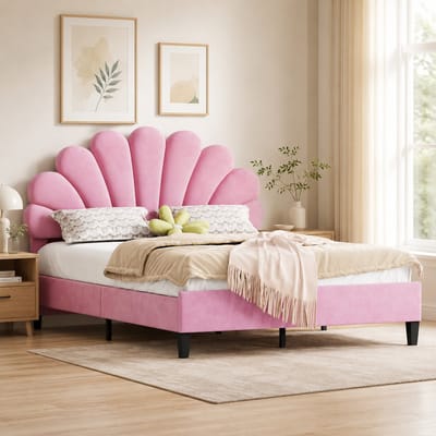 Gestoffeerd bed 140x200 cm - Tweepersoonsbed 140x200 cm - Hoofdbord met Fluwelen stof - Bloemblad-vormig hoofdbord - Houten Lattenbodem - Creëer een Veilige & Stijlvolle Slaapomgeving - Roze