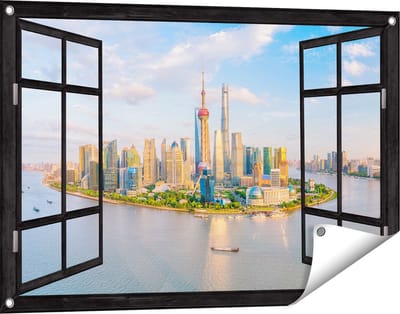 Gards Tuinposter Doorkijk Skyline Shanghai Stad in China - 90x60 cm - Tuindoek - Tuindecoratie - Wanddecoratie buiten - Tuinschilderij