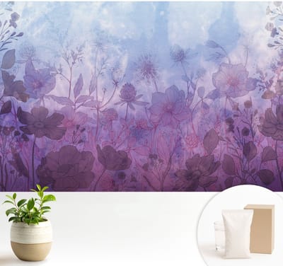 Wallfluent Behang - Pastelkleurige bloemen Muurbehang - 104x70 cm - Blauw Behang - Voor liefhebbers van kunst en natuur - Behang Voor de woonkamer, slaapkamer en kantoor - Wandbekleding Bloemen en planten