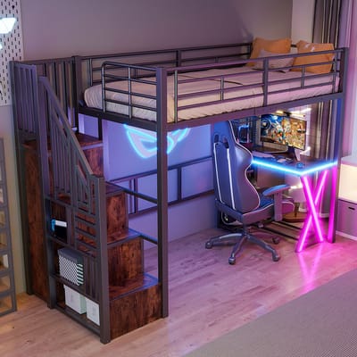DESMIU Metalen Hoogslaper 90 x 200 cm - Hoogslaper Met Ledverlichting En Bureau - Opbergtrap, Kledingkast En Planken - Voor Tienerkamer - Zwart - Zonder Matras