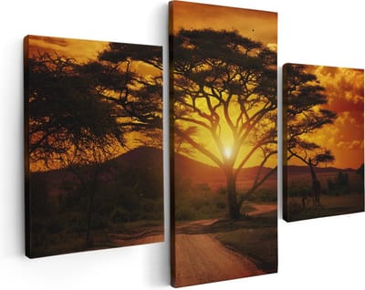Artaza Canvas Schilderij Drieluik Zonsondergang Achter Een Savanne Boom - 90x60 - Foto Op Canvas - Canvas Print