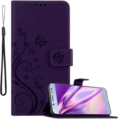 Cadorabo Hoesje geschikt voor Samsung Galaxy J5 2017 in BLOEMEN DONKER PAARS - Beschermhoes in bloemmotief met magnetische sluiting, standfunctie en kaartsleuven Book Case Cover Etui