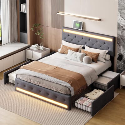 Tweepersoonsbed 180x200 Grijs Gestoffeerd met Opbergruimte, Lades en USB-aansluiting