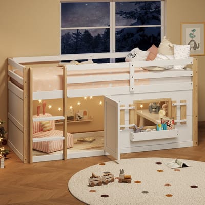 KOMHTOM Kinderbed, stapelbed (90 x 200 cm), hoogslaper, multifunctioneel kinderbed met ladder, om te bouwen tot speelruimte, zonder matras, wit