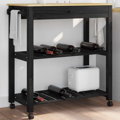vidaXL - Keuken - Trolley - MONZA - Zwart - 84 - x - 40 - x - 88,5 - cm - Massief - vurenhout