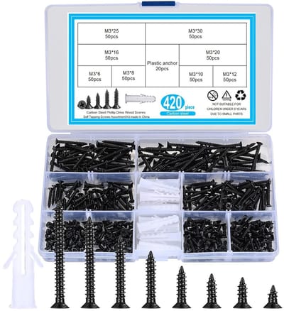 EXCITAT Zelfborende schroeven - Phillips - Schroevenset - met 20 M6-ankers - Roestvrij staal - 420 stuks - Zwart