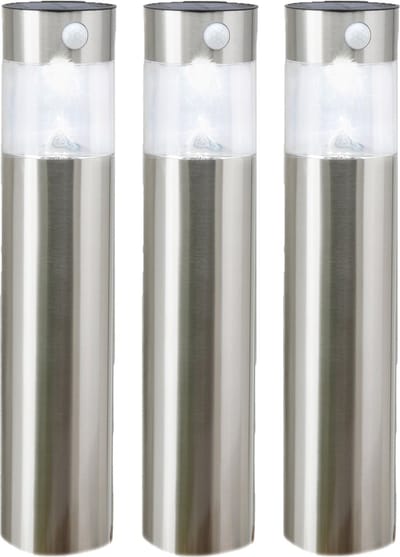 Hi Solar tuinlamp/prikspot pilaar - Set van 3x stuks - zilver - RVS - 50 cm - zonne energie met bewegingssensor