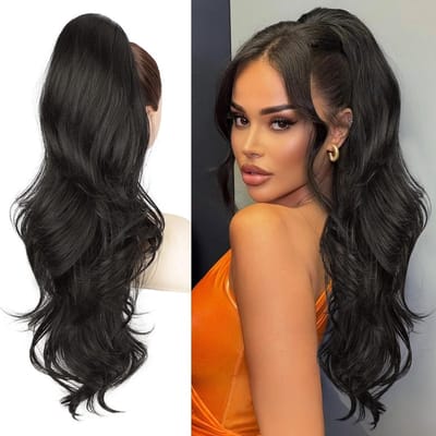 Ponytail Extension met Pull Closure - 26 Inch Lange Zwarte Haarextensions voor Natuurlijke Wavy Look, Ideaal voor Dames en Meisjes