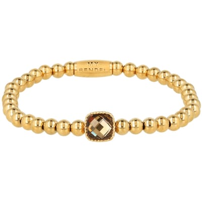 My Bendel - Elastische Kralenarmband met Vierkante Kristalglas - Smoky Topaz & Goudkleurig - met Luxe Cadeauverpakking | Sieraden Voor Dames
