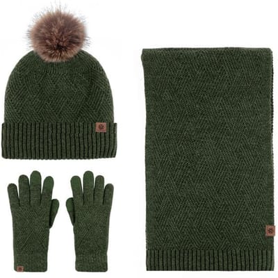 Dames winter effen kleur driedelig wol warm (Muts, sjaal, handschoenen) Koudbestendig bontbal plus fluwelen gebreid pak Three-piece suit