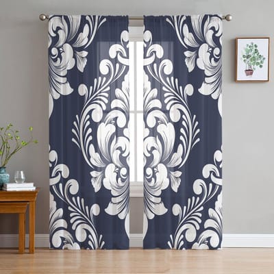 Klassiek Luxe Damast Marineblauw Tule Raamgordijn Transparante Valletjes Gordijnen Voor Woonkamer Huisdecoratie Drapagepaneel 135W x 114H(cm) blue