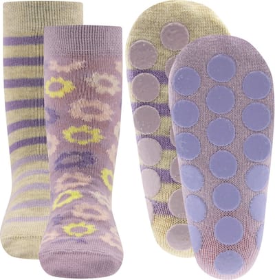 Ewers Antislipsok 2-pack - 2 paar - Beige met Lila strepen en Lila met bloemen - Antislip Noppen-18/19