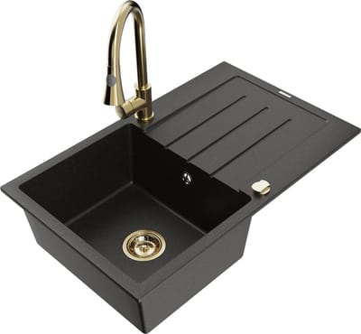Mexen Bruno granieten spoelbak 1-koetje met afdruiprek en keukenmengkraan Elia, zwart/gouden metallic - 6513-75-670101-50