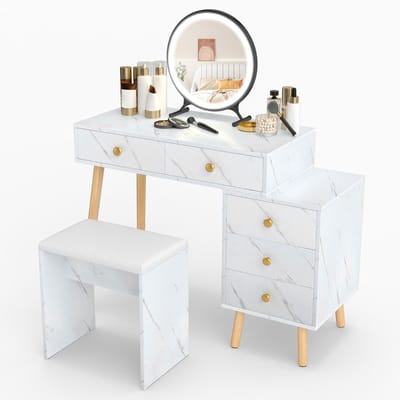 Kaptafel met spiegel en verlichting - Make up tafel - Make up - Toilettafel -Met lades - Kaptafels - Met kast - Wit + Naturel Hout