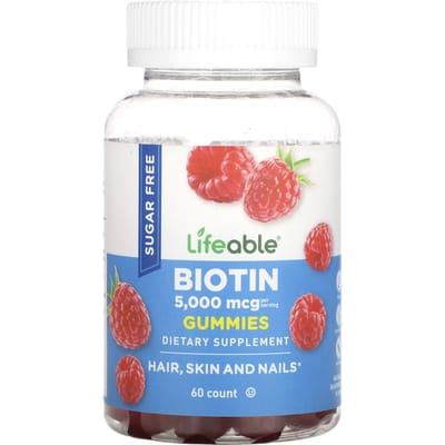 Lifeable, gommes à la biotine, sans sucre, framboise naturelle, 5 000 mcg, 60 gommes (2 500 mcg par bonbon gélifié)
