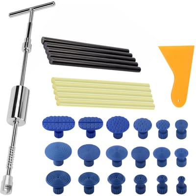 Uitdeukreparatieset voor autocarrosserie uitdeuken 2in1 verstelbare T-bar 18 stuks blauwe pads 5 stuks zwart