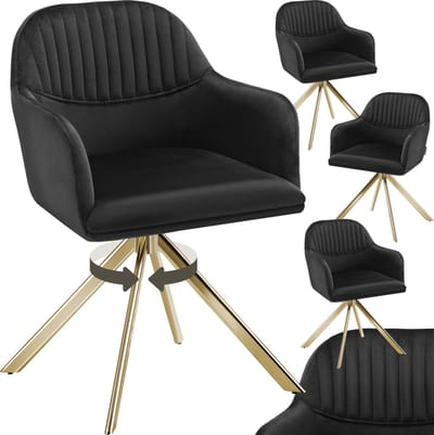 tectake® Fluwelen draaistoel - Bureaustoel - Eetkamerstoel met armleuningen - Fluwelen bureaustoel, keukenstoel, woonkamerstoel - 56 x 59 x 81 cm - Set van 4 - Zwart/goud